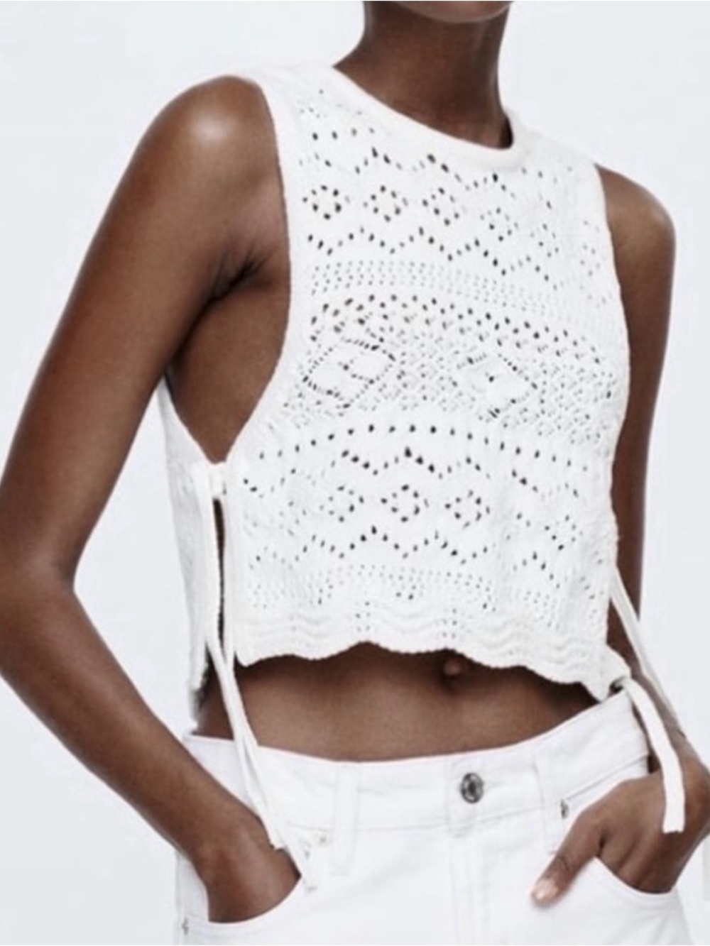 Zara Boho Off White Crochet Pointelle Knit Top with Side Ties